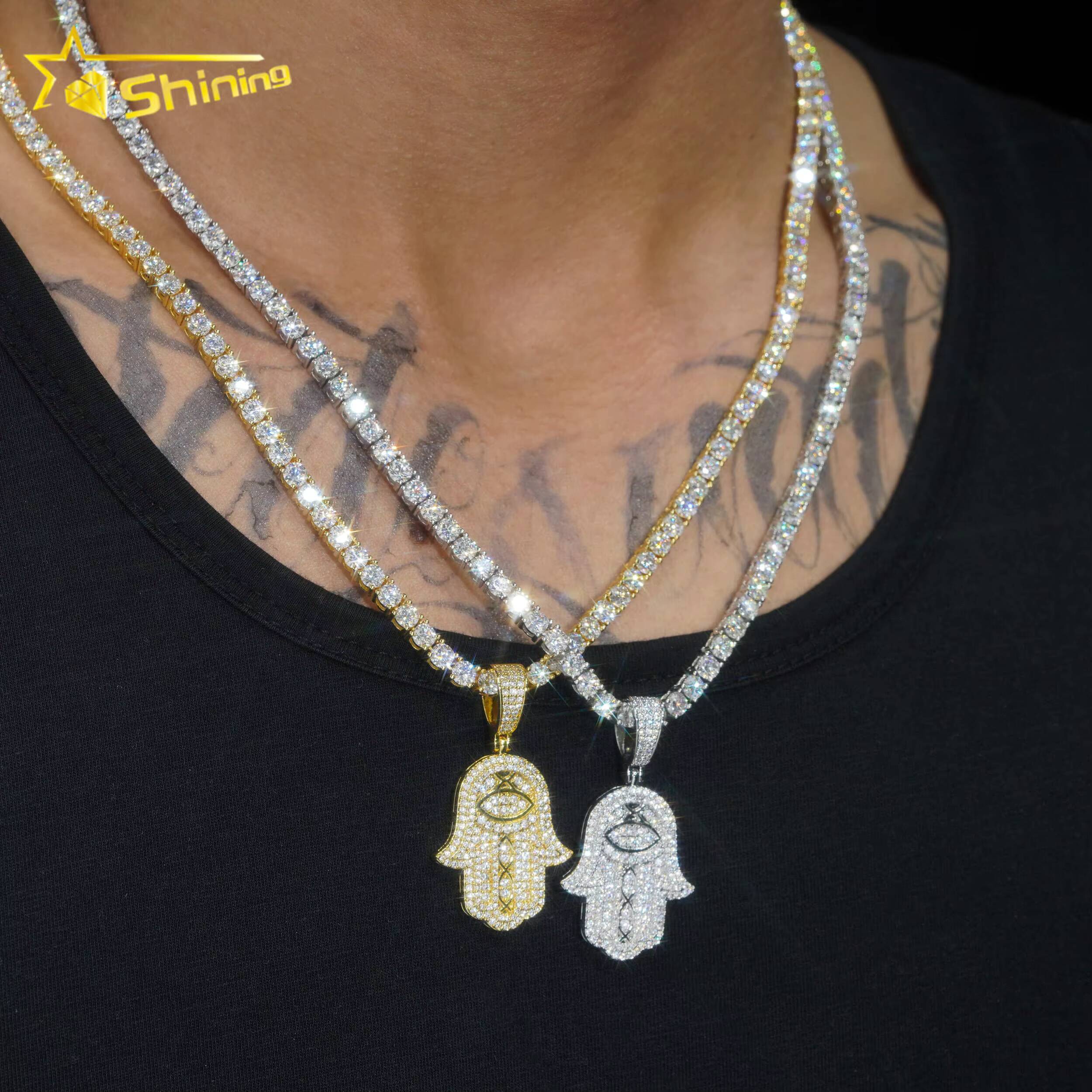 New Arrival Hip Hop Jewelry 18k Gold Plated Brass Pendants 5a Moissanite Diamond Hamsa Hand Charm Pendants with Tennis Chains