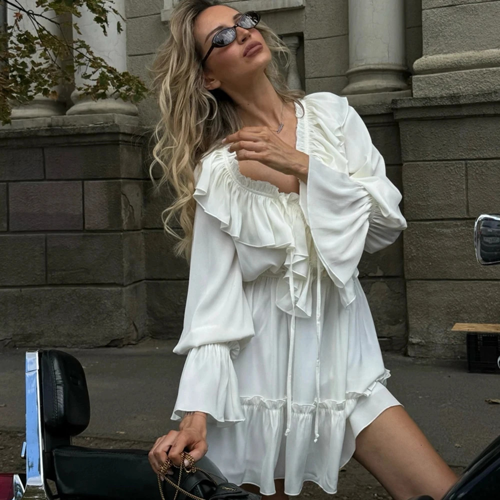 Talenza White Ruffle Bandage Mini Dress Womens Elegant Patchwork Long Sleeve Dress Slim V Neck Lace Up Summer Mini Dress 251027