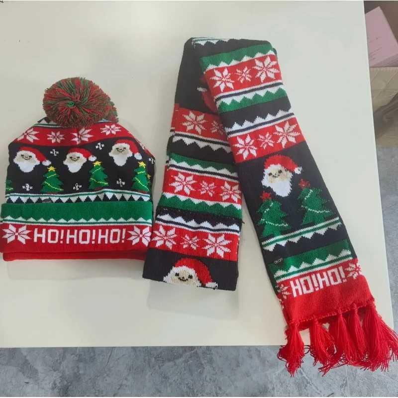 Knitted Christmas Hat And Scarf Set With LED Lights Featuring New Year Festive Moose Jacquard Woolen HatW251027