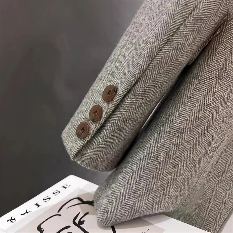 High Quality Grey Herringbone Women Woolen Blazers Coat Casual Top Office Wool Singlebreasted Suit Jacket Autumn Winter 251027