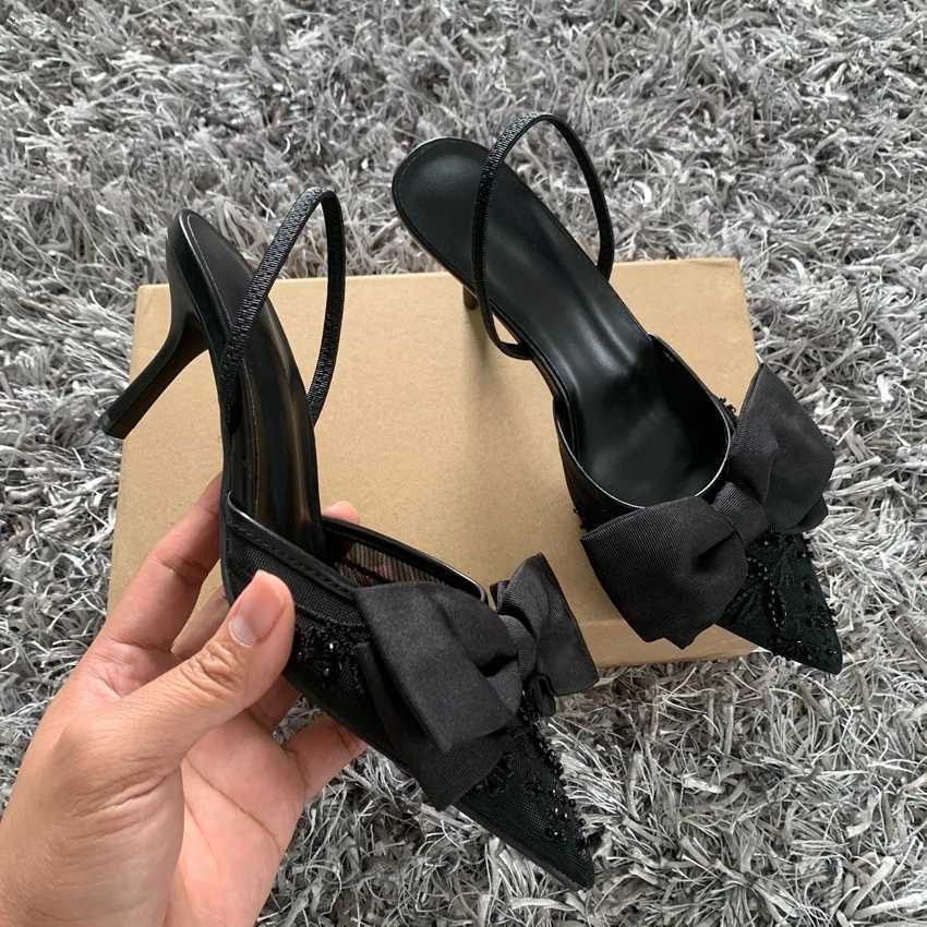 Designer Bow String Bead Women Wedding Pumps Mesh Embroidered Flowers Back Strap Sexy Slingback High Heel Dress Shoes for LadiesXJ251027