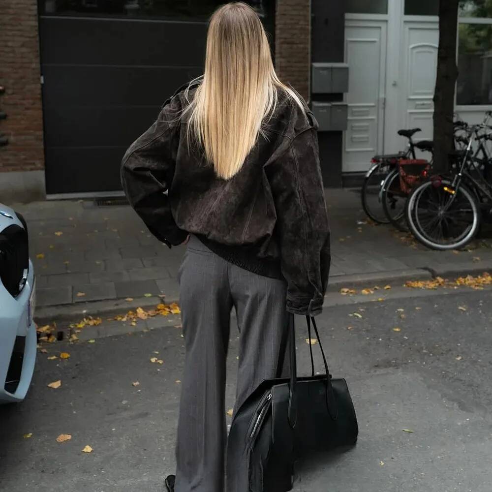 winter jacket women KONDALA Chic Suede Bomber Jackets Women Long Sleeve Pocket Straight Loose Coat Fashion 2025 Fall Winter Streetwear Outwear