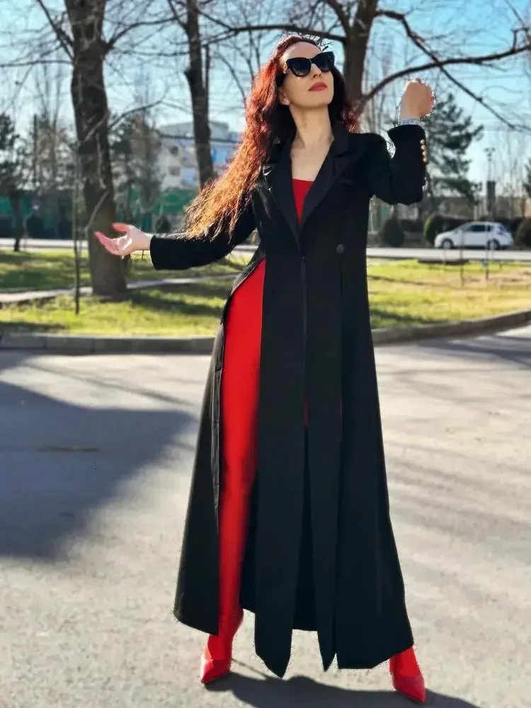 Missuoo Womens Black Extralong Blazer Coat Lapel Vneck Long Sleeves Splitside Elegant Outerwears Fall 251027