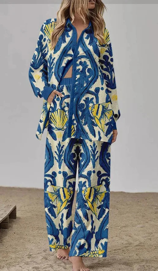 Womens Single Breasted Lapel Short Sleeve Top And Wide Leg Trousers Set Print Shirt Pants Suit Outfits 2 Pcs Sets 251013