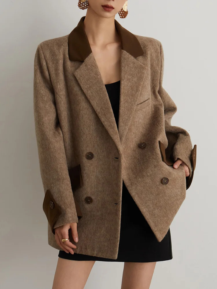 Panelled Patchwork Pockets Woolen Overcoat Women Vintage Turndown Collar Long Sleeve Double Breasted Coats Autumn Lady Tops 251027