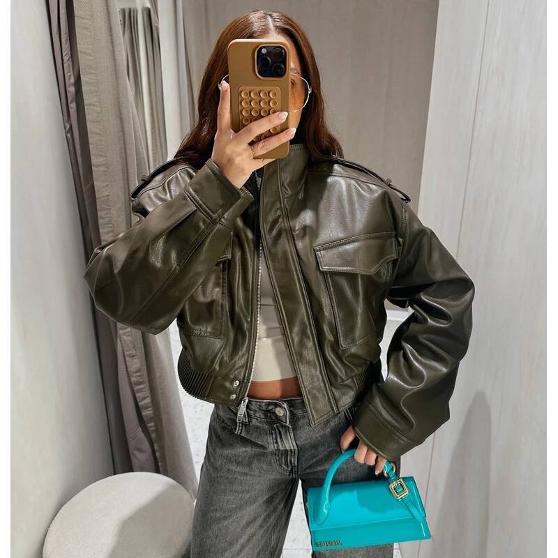 winter jacket women MUJER Faux Leather Cropped Bomber Demi-season Jackets for Long Sleeve Women's Coats Zip Overcoat Jacket Women