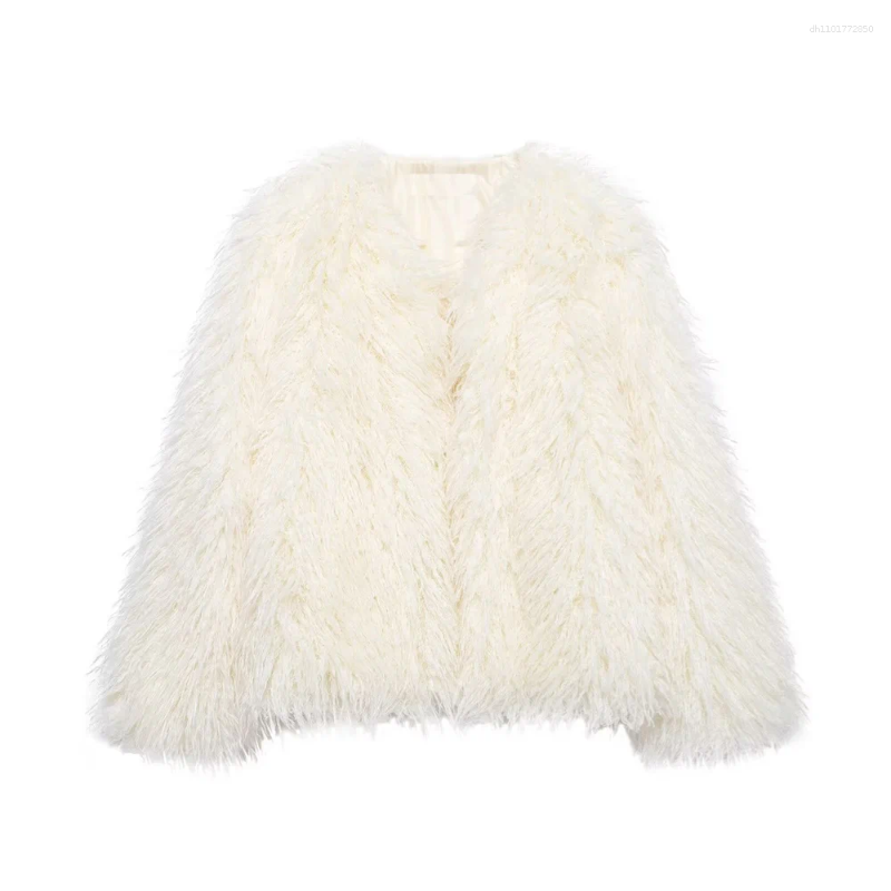 Women's Jackets Loose Faux Fur Effect Round Neck Long Sleeved Short Jacket For Autumn And Winter Style