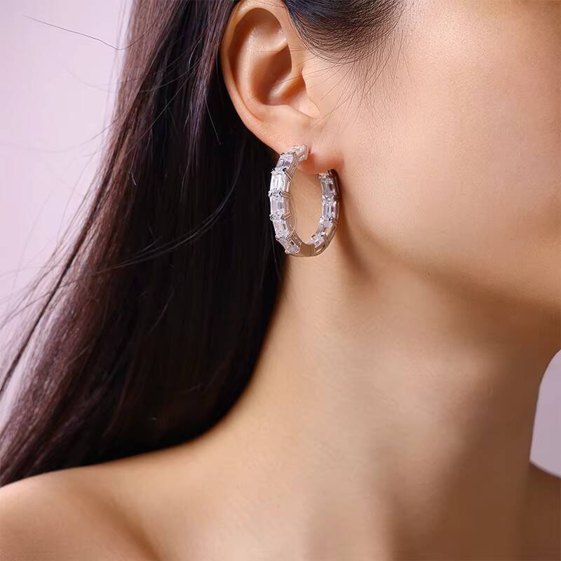1carat20 Emerald Moissanite Hoop Earrings for Women Daily Wear Gift Jewelry Earrings S925 Silver Rhodium Plated White Earrings