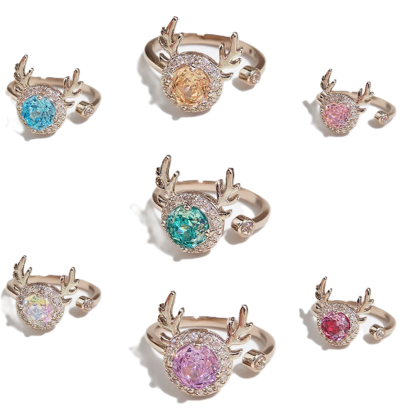 TaiYang New Millennium Rose Cut Reindeer Ring, Octagonal Aqua High-Carbon Zirconia Antler Design in Gold Plated Copper For Women