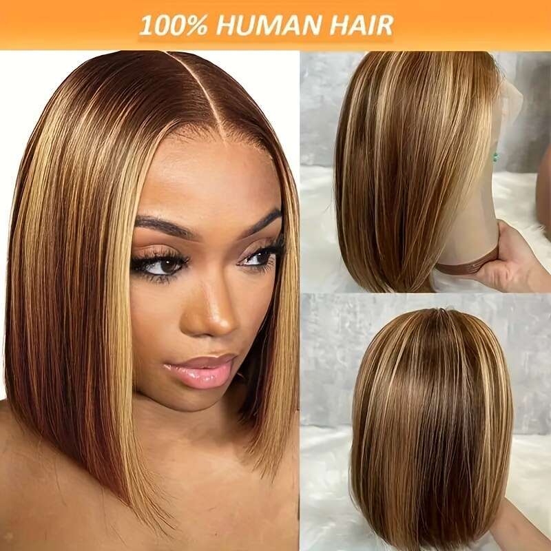 200% Density Glueless Closure With Baby Straight Bob 5X1 HD Lace Wigs Mixed Brown & Blonde Human Hair Bleached Invisible Bye Knots Wig Pre Plucked