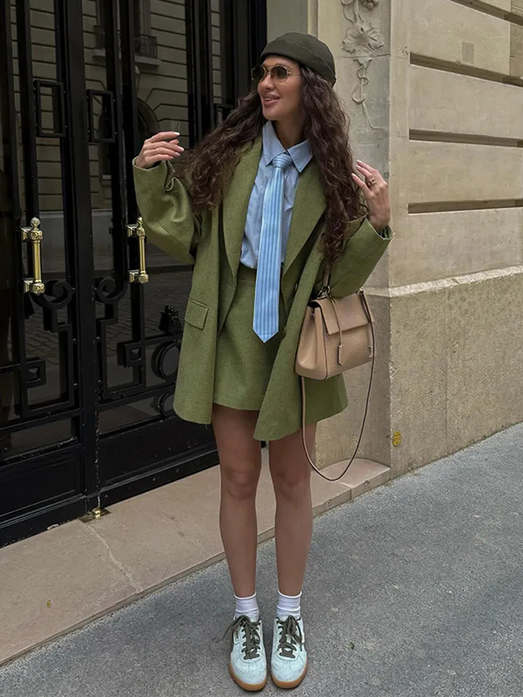 Autumn Green Mini Skirt Sets For Woman Long Sleeves Double Breasted Blazer Jackets Hip Package Short Skirts 2 Pieces Suits 251023