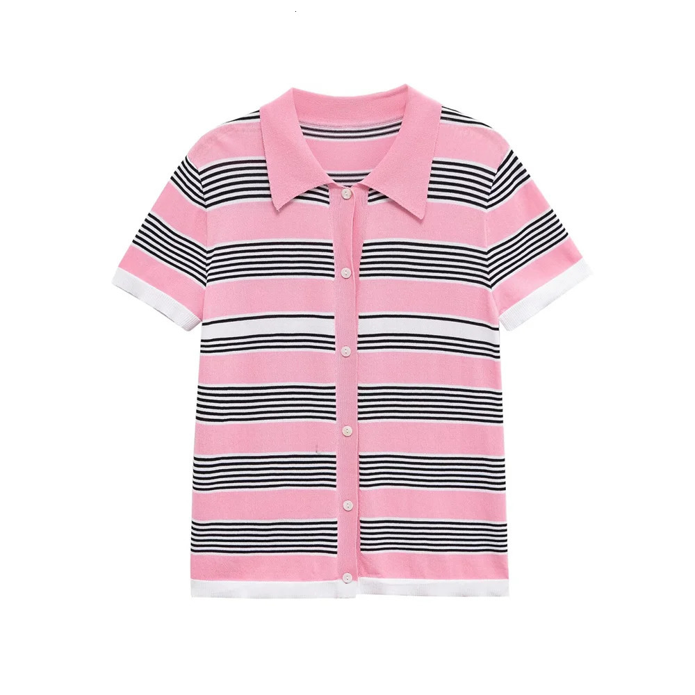 womens summer casual versatile buckle closed striped short sleeved knitted polo shirt collar top 251027