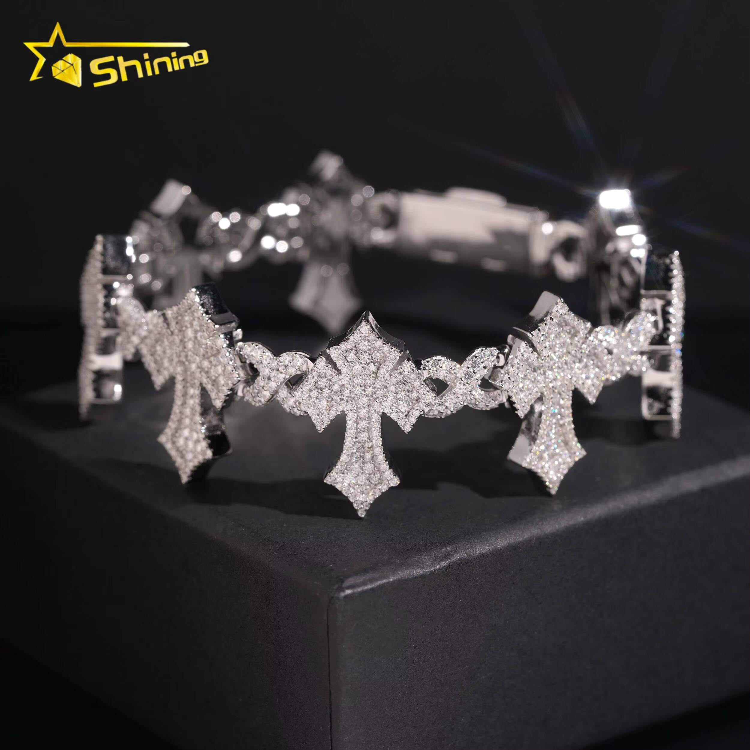 Hip Hop Jewelry GRA Certificated Cross Moissanite Cuban Link Bracelet Custom Iced Out 925 Silver Bracelet for Men