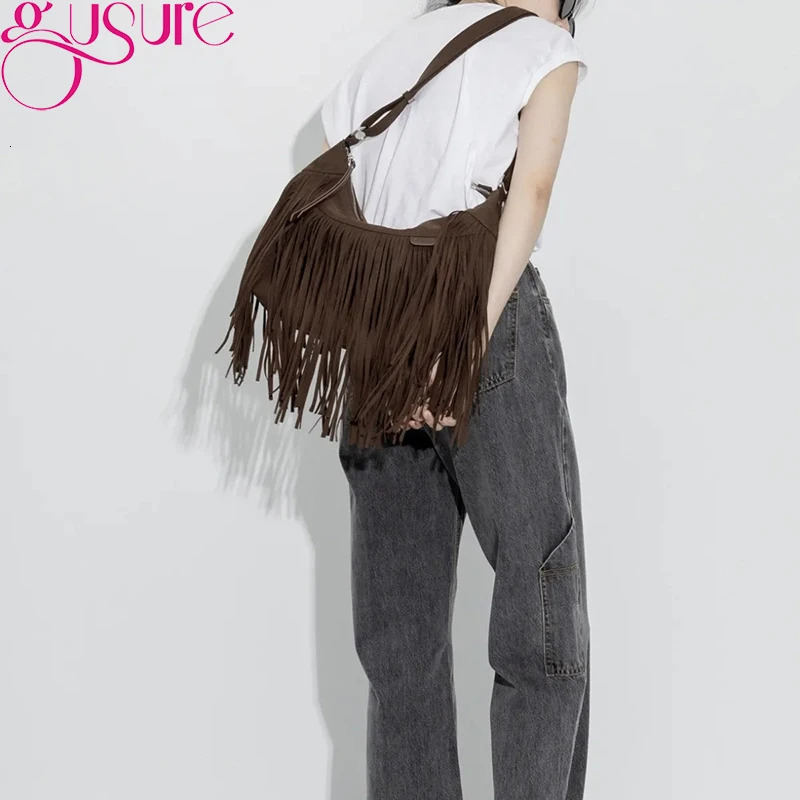 Gusure Vintage Tassel Crossbody Shoulder Bags Women Fashion Suede Small Handabg and Purse Female Armpit Hobos Bag 251027