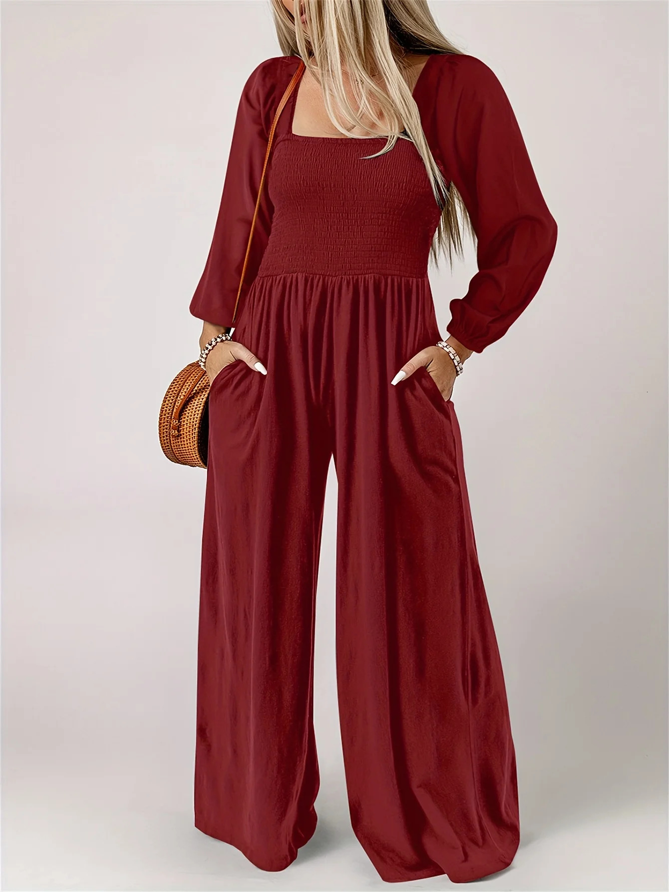 plus size solid color wide leg pants simple commuting style comfortable and casual womens high waisted jumpsuit 251027