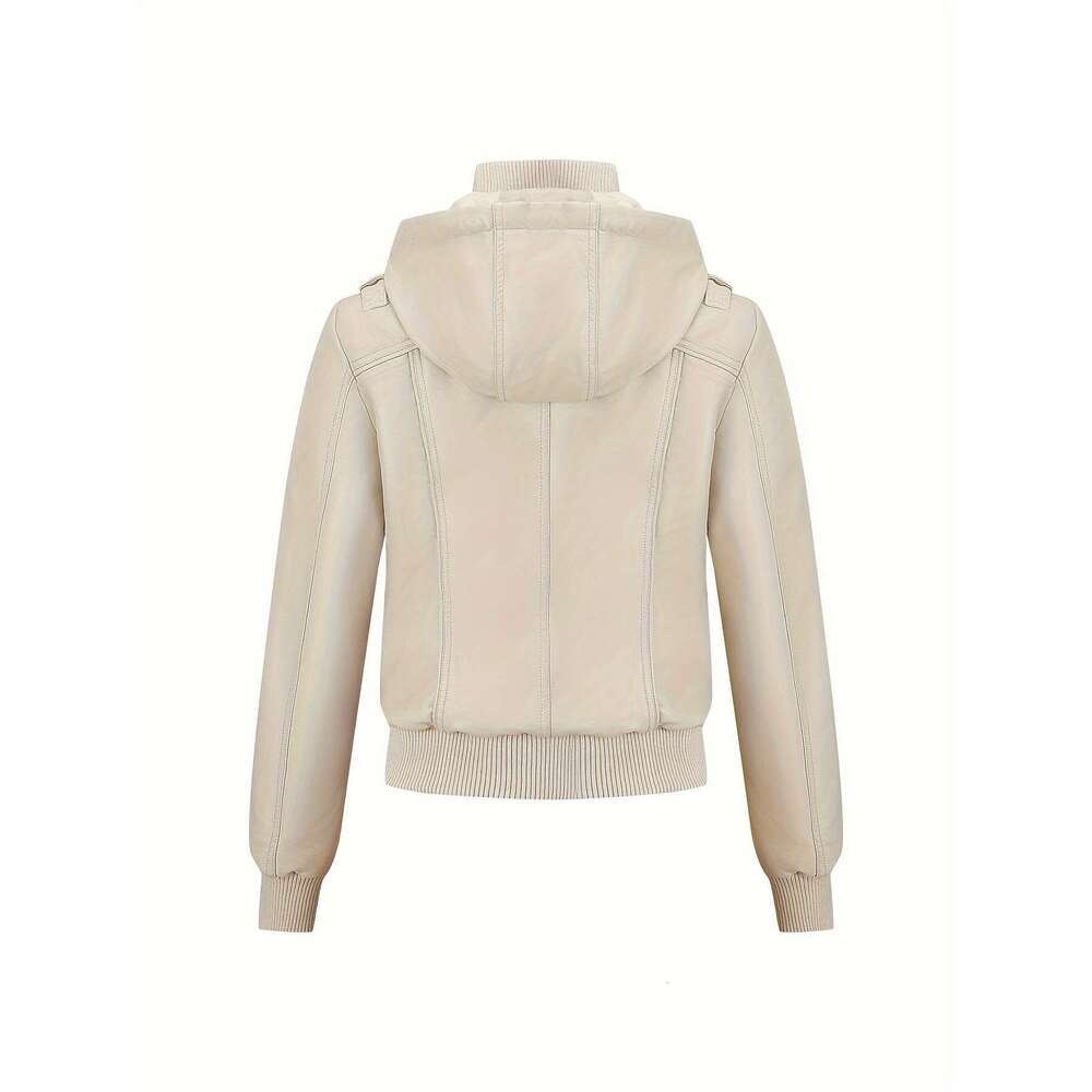 Chic Jacket Casual Chic Women's Black PU Leather Moto Jacket - Long Sleeve Zip-Up With Drawstring Hood Outerwear For Spring & Fall