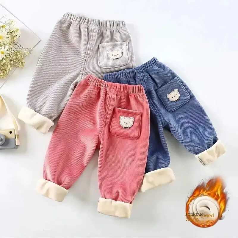 Autumnwinter Childrens Fleecelined Corduroy Pants Stylish Embroidery Casual Warm Trousers For Boys GirlsT251027