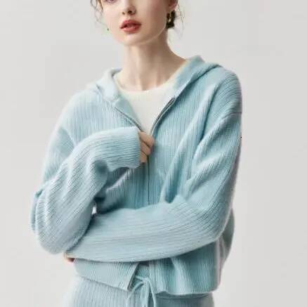 Old Qian Feng Cashmere Suit Women Hooded Loose Cardigan Wide-Leg Pants Autumn And Winter Thick Knitted Coat
