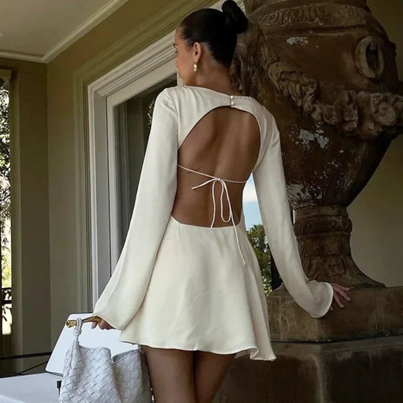 Tuularose Satin Backless Dress Womens Sexy Hollow Lace Up Long Sleeve ALine Short Dress Elegant Swing Neck Party Evening Dress 251027