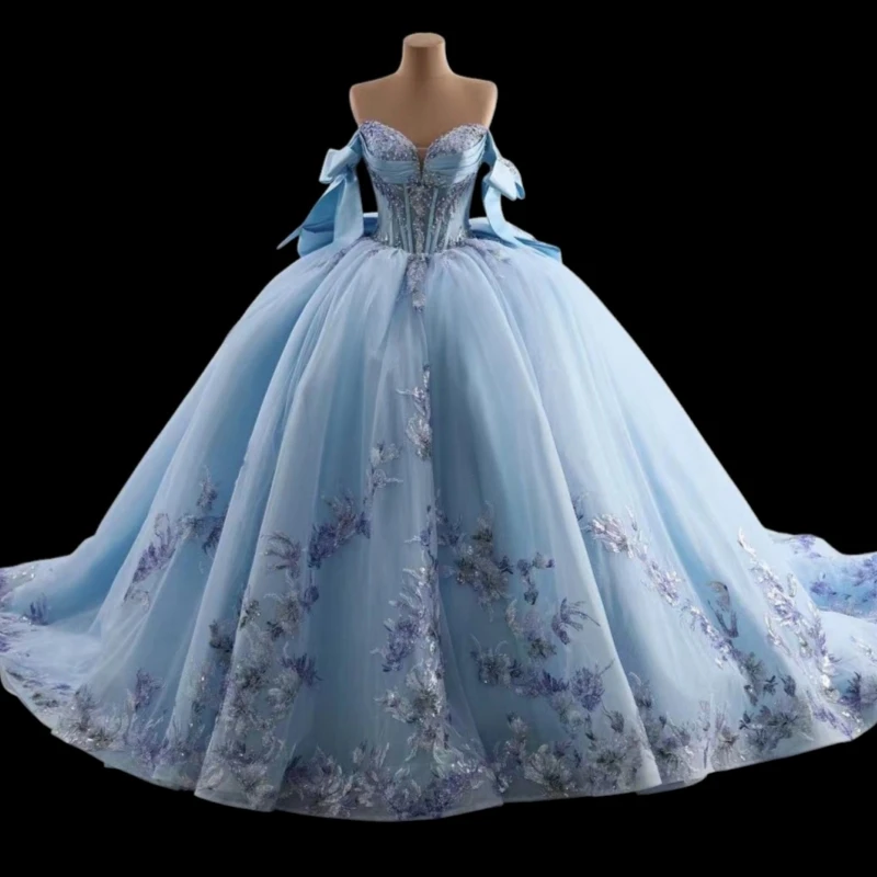 Sky Blue Quinceanera Dresses Off The Shoulder Applique Lace Beading Crystal Corset Tull Bow Party Birthday Sweet 16 Dress Vestidos 15 Anos