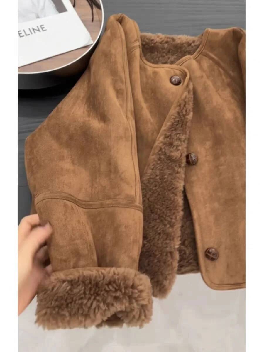 winter jacket women Lamb Wool Jacket Women New Autumn Winter 2025 Suede patchwork Korean Short Top Round Neck Loose Long Sleeved Warm Outwear