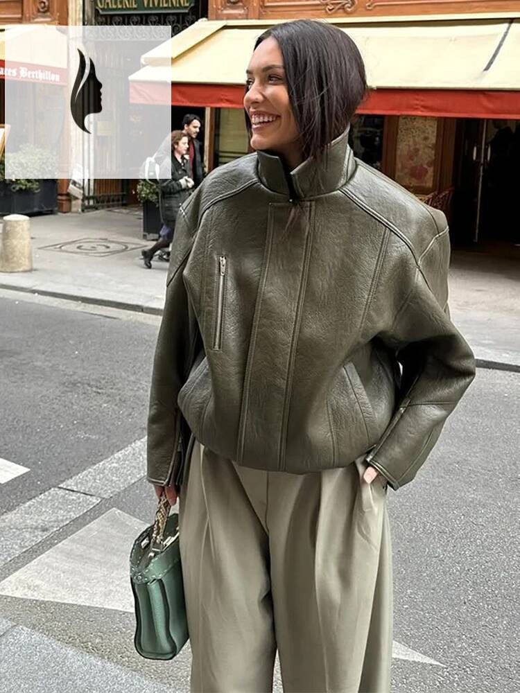 winter jacket women Green Zipper Leather Jacket Women Casual Stand Coller Long Sleeve Loose Coat Chic 2025 Lady Autumn Outerwear Daily Street Coats
