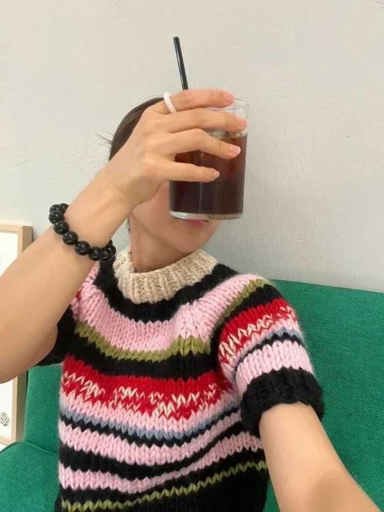 Multicolor Striped Handmade Jumper Sweet Rainbow Wool Blended Color Block Knit Tee Short Sweater AutumnWinter Woman KnitwearT251027