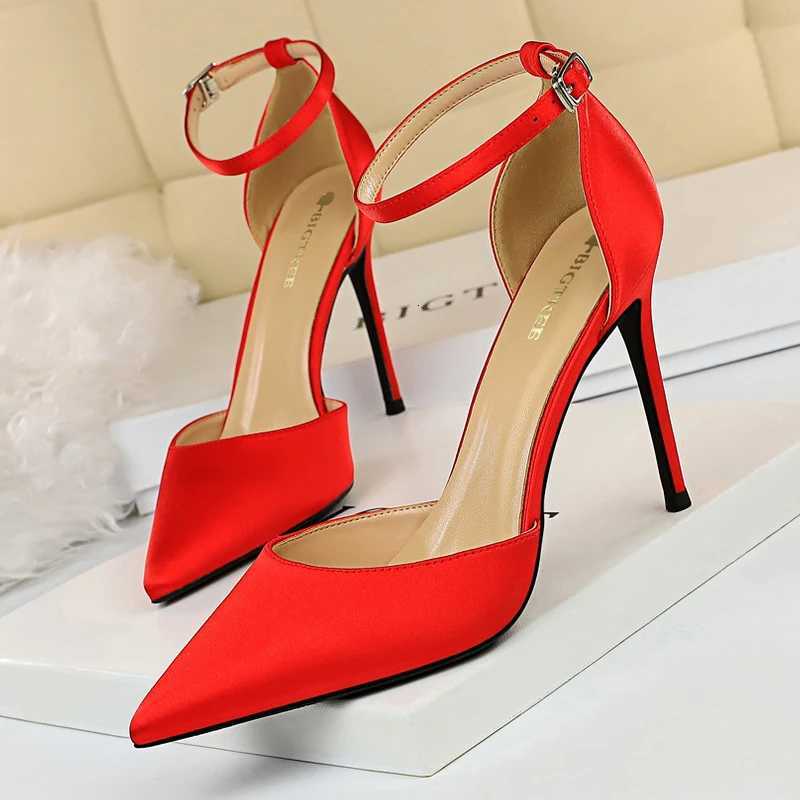 BIGTREE Shoes Satin With Shallow Pointed Women Pumps Buckle High Heels Female Shoes Stiletto Heels Sandals Sexy Party ShoesXJ251027