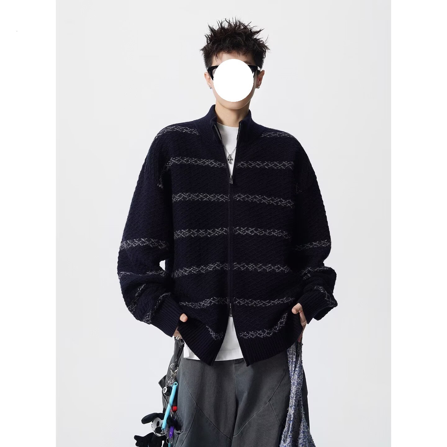 Striped Stand Collar Patchwork Knit Designer Sweater Sweater For Men Autumn American Style Loose Casual Sweater Youth Loose Cardigan Jacket