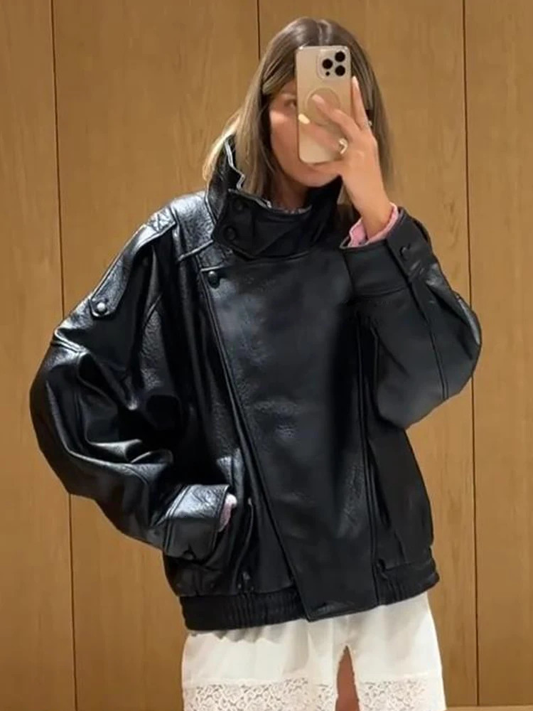Chic Stand Collar Leather Jacket For Women Autumn Winter Pockets Motorcycle Street Y2K Lady Bike Bomber Outerwear 251027