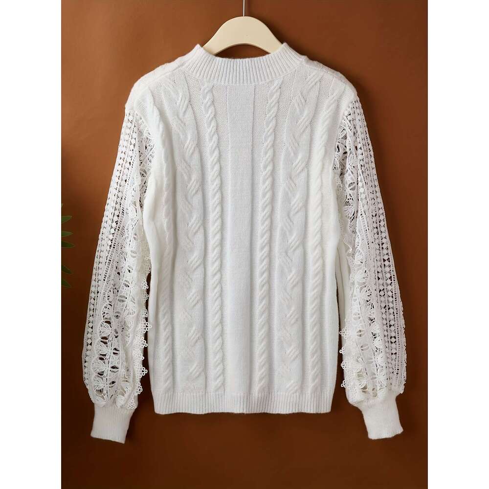 Women's Elegant With Detail - Collar, Geometric Pattern, Fall/Winter Style, Contrast Design, Winter Lace | Mandarin Collar Top, Sweater Top