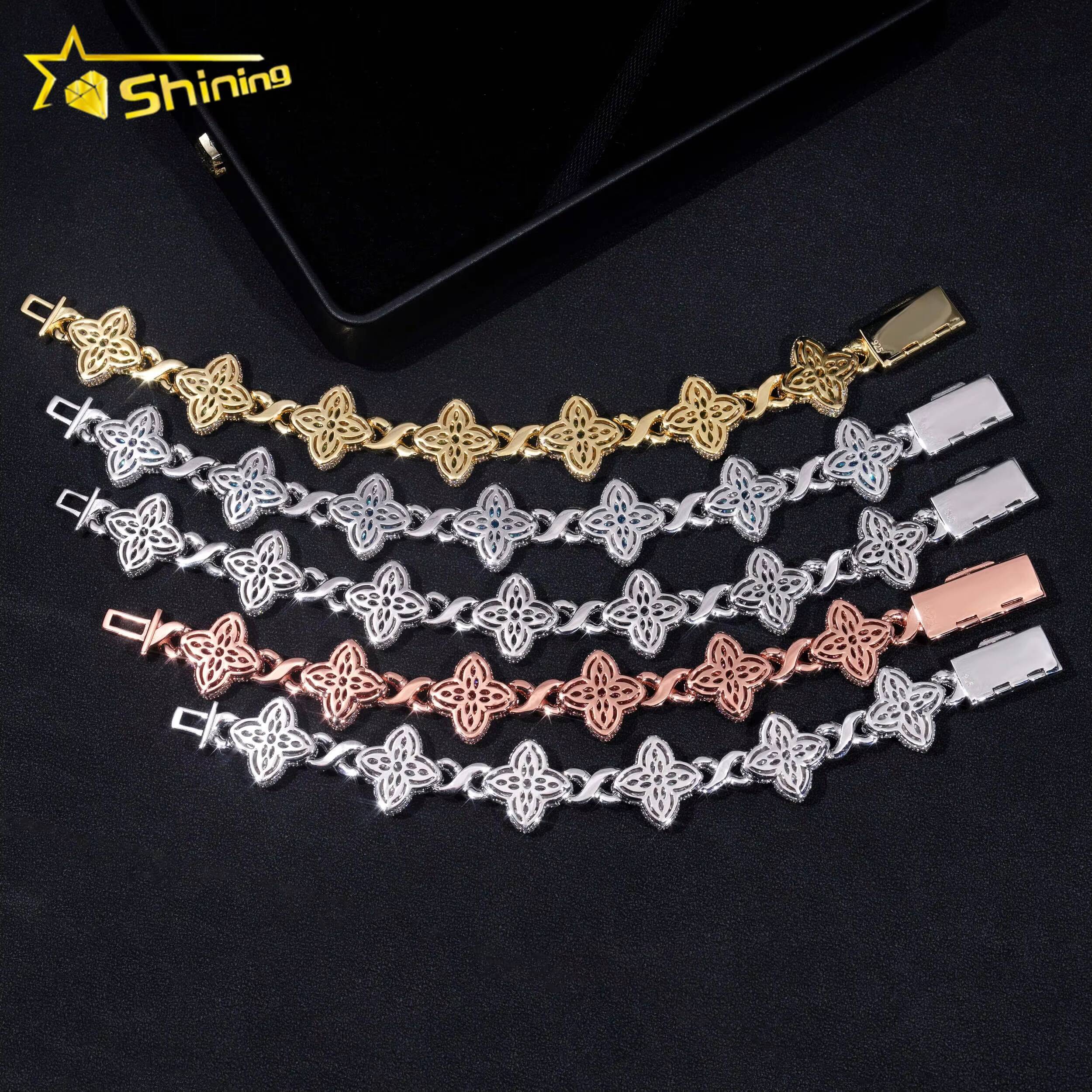 New Stocks Pass Diamond Tester Silver 925 Gold Plated Hip Hop Jewelry Custom Colored Moissanite Clover Cuban Bracelet