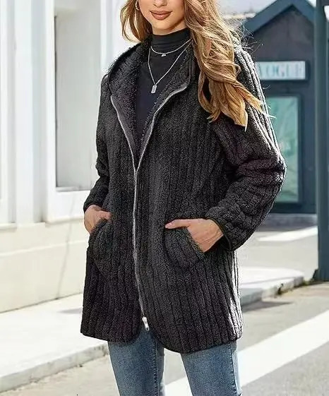Plus Size Zip Up Teddy Coat Casual Hooded Warm Winter Outerwear With Pocket Womens Clothing 251027