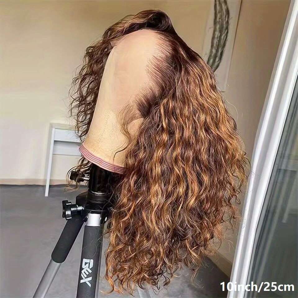 Brazilian Human Hair Short With 13X4 Front - Brown To Blonde Ombre Curly Wigs Women &, 200% Density Water Wave Bob Cut, Full Lace Frontal Wig For Sens