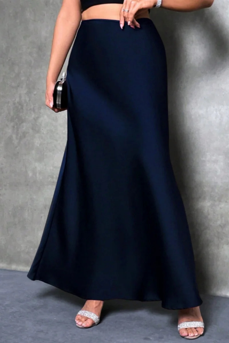 Elegant silklike satin Aline midi skirt with high waist and mermaid tail for women in spring summer 251027