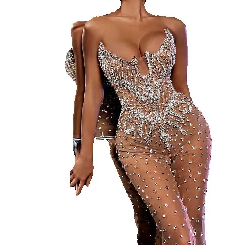 Luxurious Strapless Prom Dresses Beaded Lace Crystal Evening Dress Wide Leg Pants Jumpsuits Celebrity Party Gown