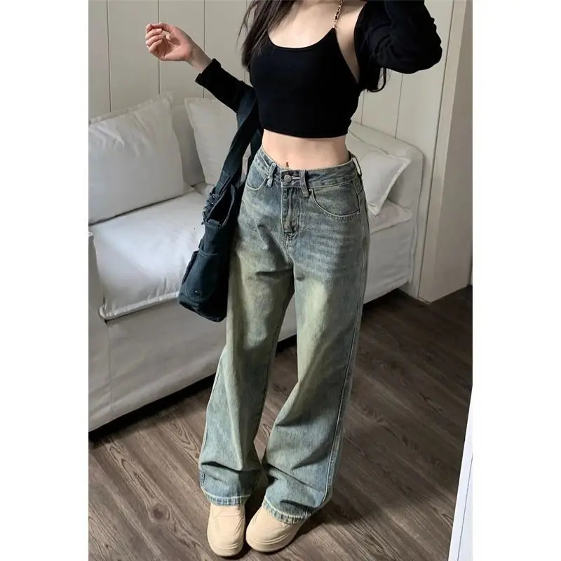 Vintage Highwaisted Slimming Jeans American Style Casual Bell Bottoms Versatile Straightleg Long Pants For Women 251027