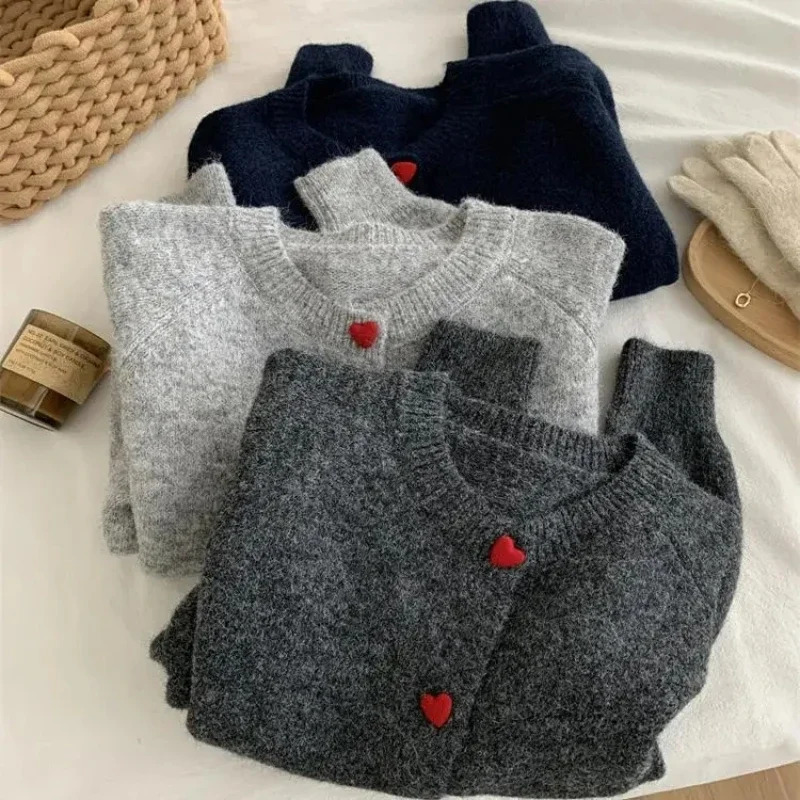 Deep Grey Wool Knitted Cardigan For Women 2025 Autumn Winter Soft And Sticky Warm Love Buckle Shoulder Sleeves 251027