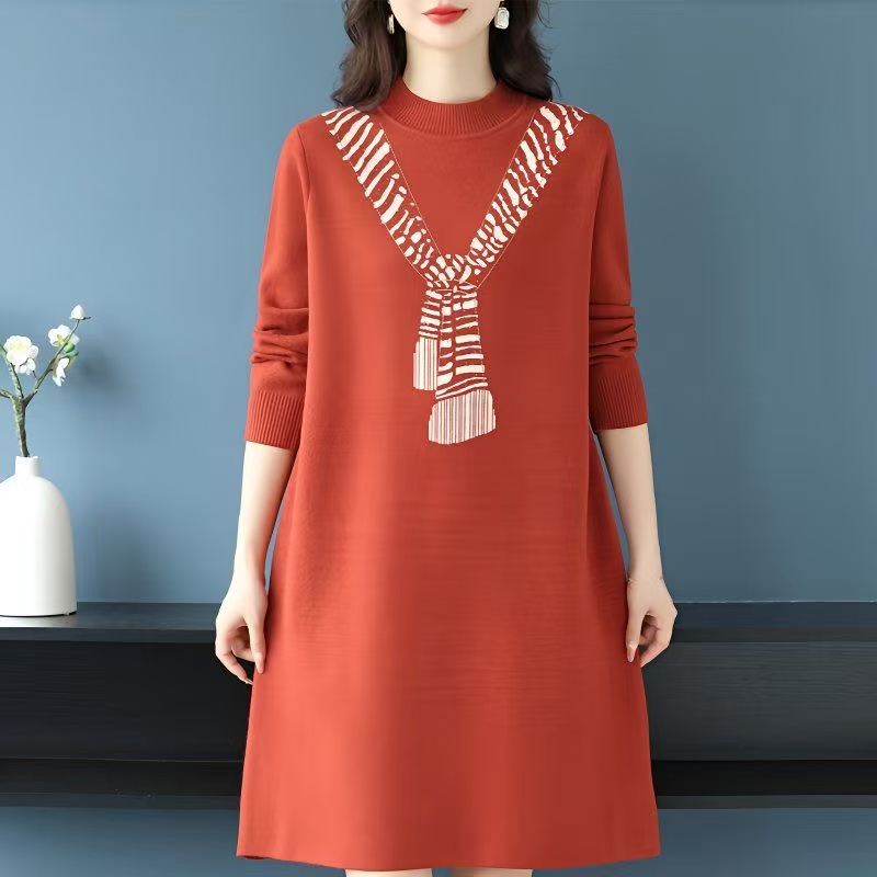 plus size women's new long sleeve high waist printed banquet dress mid-length skirt D02762