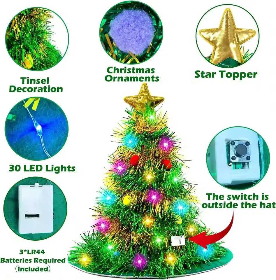 2026 Adults Kids Blinking Glowing Christmas Tree Hats Santa Hat with Tinsel LED Colorful Lights Star New Year CostumeW251027