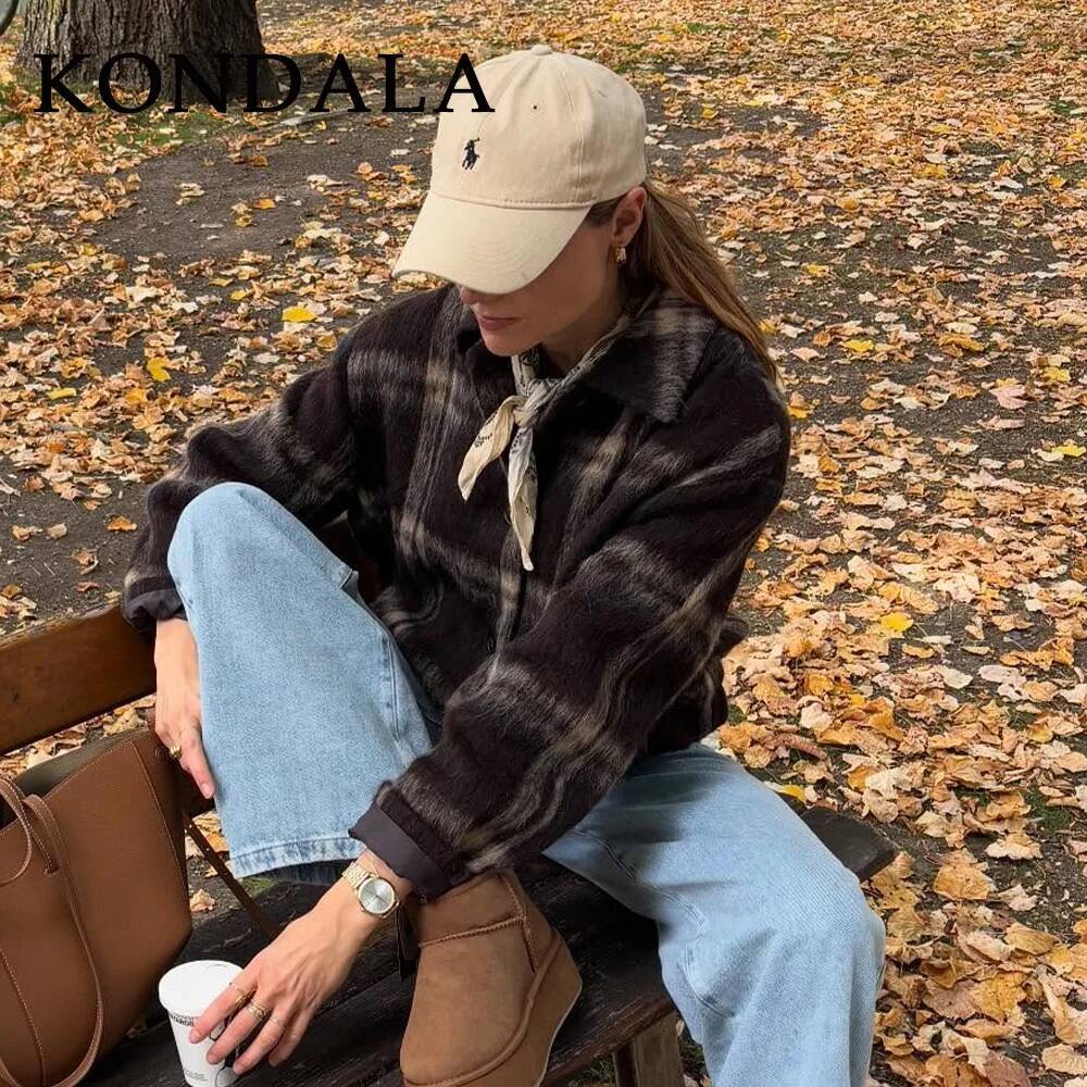winter jacket women KONDALA Fall Winter Plaid Women Jackets Fashion Elegant Streetwear Turndown Collar Single Breasted Ladies Coats
