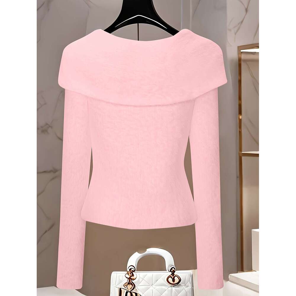 Elegant Off-Shoulder Sweater Soft T-Shirt With Belt, Chic Layering Top For Fall/Winter, All-Season Formal & Everyday Outfits - Women's Clothing, 