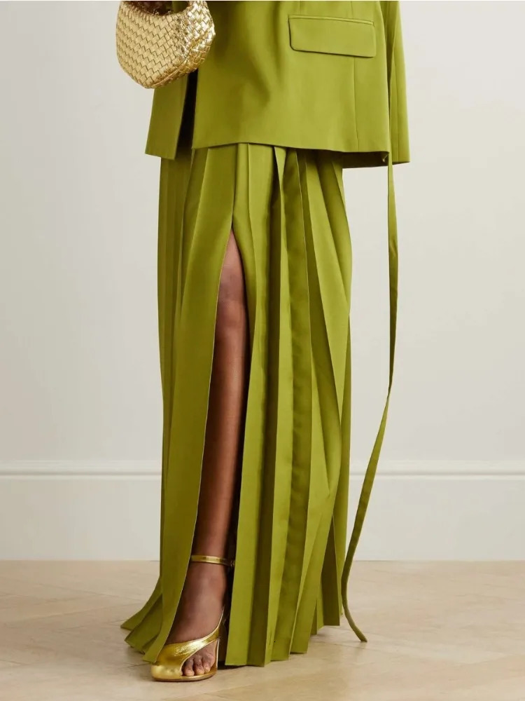 Beautyblue Elegant Retro Green Pleated Skirt Womens Long Skirts Fashion Loose High Waisted SplitSide with Belt y Bottoms 251027