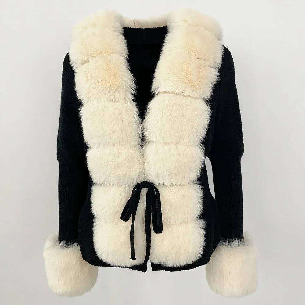 Coat Eco-Friendly Detachable Collar Knitwear Woman Fur Jacket Knitted Patchwork Knit Sweater Autumn Cardigan