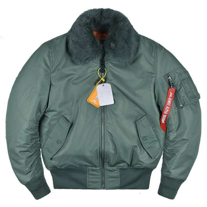 Men's Winter MA1 Bomber Jacket Windproof Warm Detachable Rabbit Fur Collar Coat