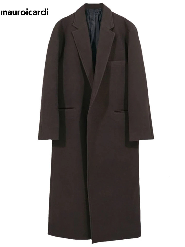 Mauroicardi Autumn Winter Long Casual Brown Black Soft Thick Warm Woolen Coat Men Sashes Plus Size Overcoat 5XL 251020