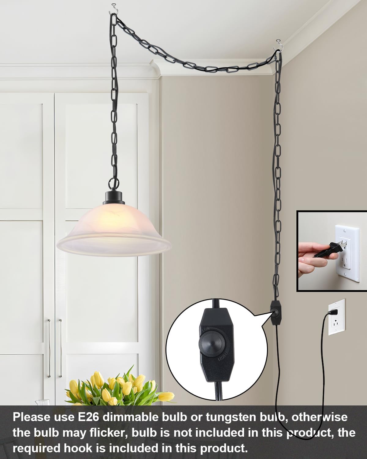 Frosted Alabaster Plug in Pendant Light,12" Glass Shade,Black Chain,Adjustable Pendant Light,No Light Source,for Kitchen,Bedroom,Living Room