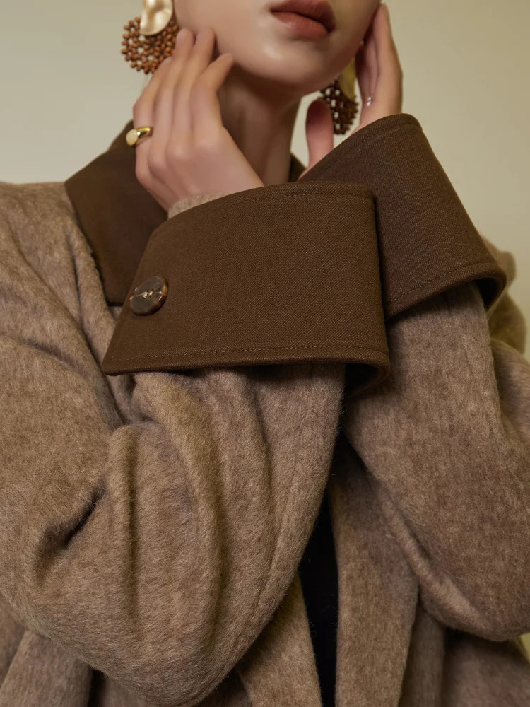 Panelled Patchwork Pockets Woolen Overcoat Women Vintage Turndown Collar Long Sleeve Double Breasted Coats Autumn Lady Tops 251027