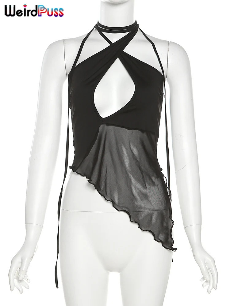 Weird Puss Cross Halter Women Tank Tops Hollow Out Backless Sleeveless Irregular Mesh Patchwork Solid Sexy Wild Party Clubwear 251027