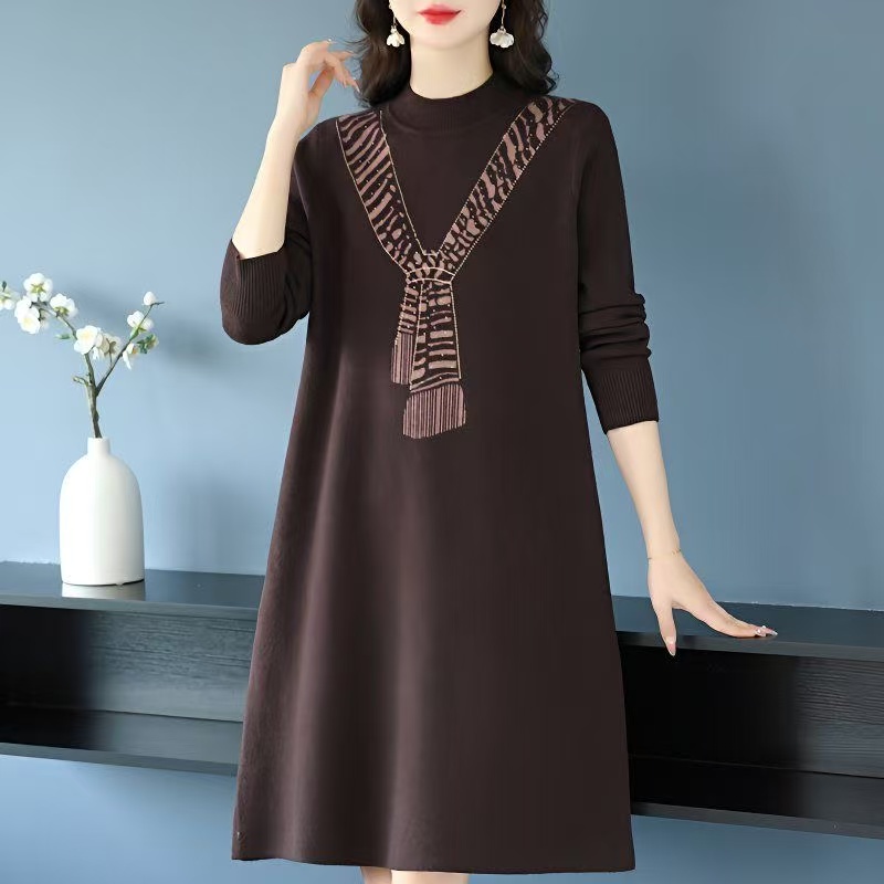 plus size women's new long sleeve high waist printed banquet dress mid-length skirt D02762